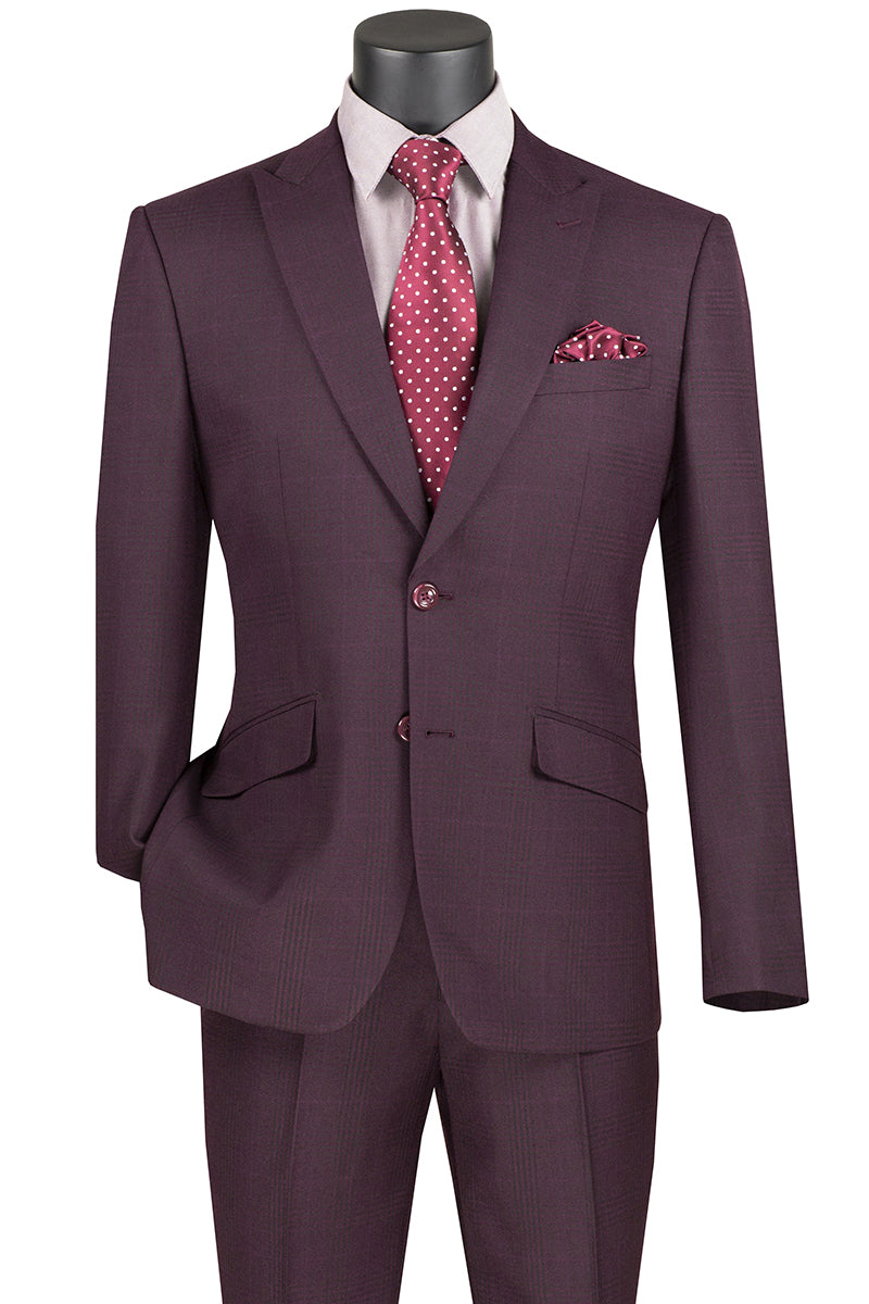 Men's Burgundy Plaid Suit with Peak Lapels