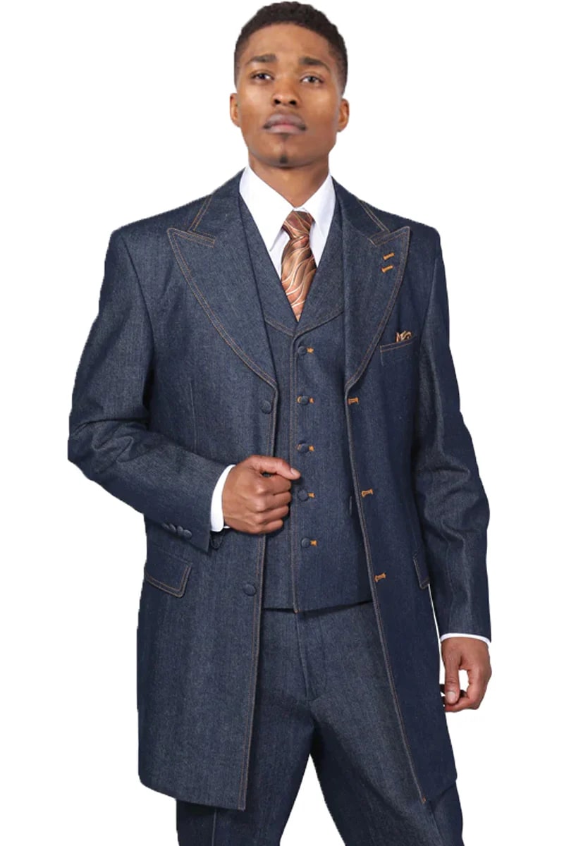 Mens Blue Denim Zoot Suit – Long Vested Vintage Jeans Style – SuitUSA