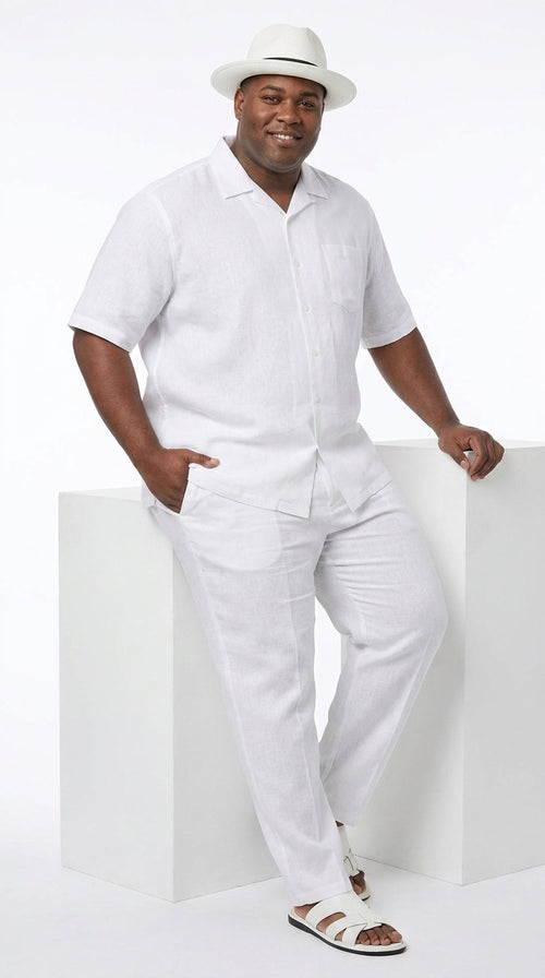 Men’s Big Size White Linen Walking Suit, Short Sleeve Shirt and Pants Casual Summer Set