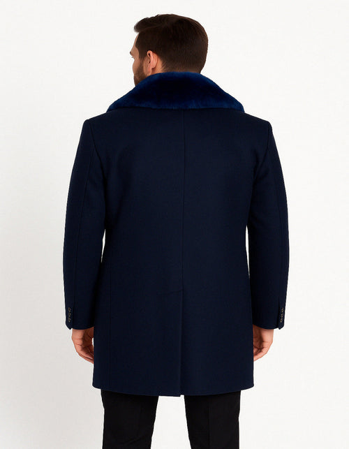 Mens Navy Wool Overcoat with Royal Blue Faux Fur Shawl Collar Cashmere Carcoat