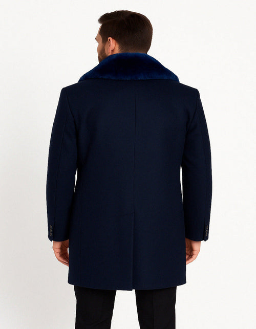 Mens Navy Wool Overcoat with Royal Blue Faux Fur Shawl Collar Cashmere Carcoat by USA Men's Outlet
