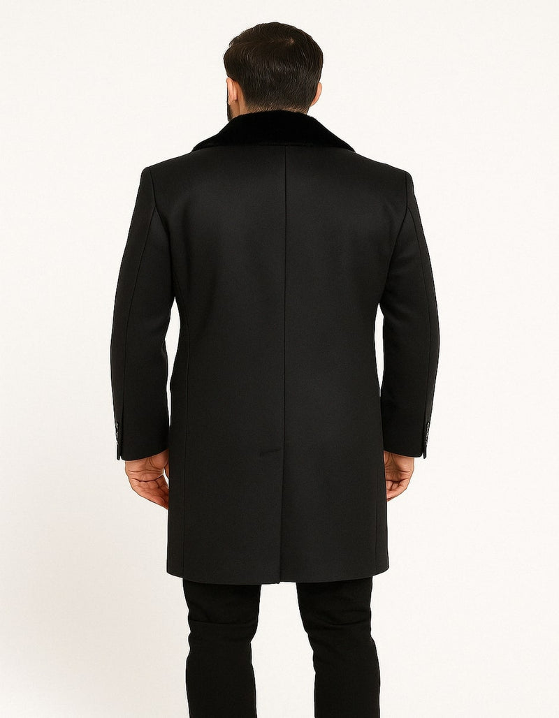 Men’s Black Double-Breasted Overcoat with Faux Fur Collar and Gold Buttons