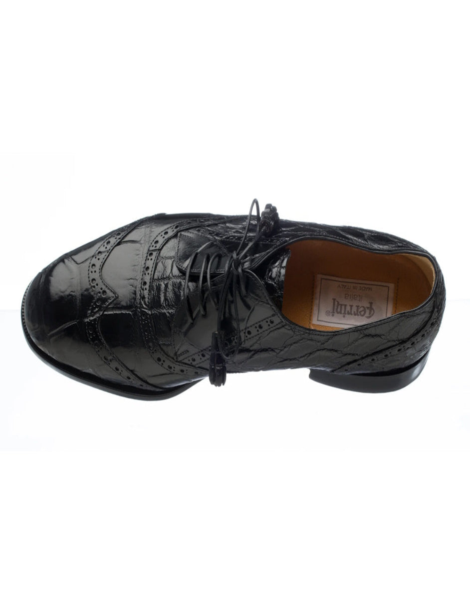 Ferrini Shoes - Mens Alligator Dress Shoe - Ferrini 3673 Belly Alligator Wingtip Shoes Black Ferrini USA
