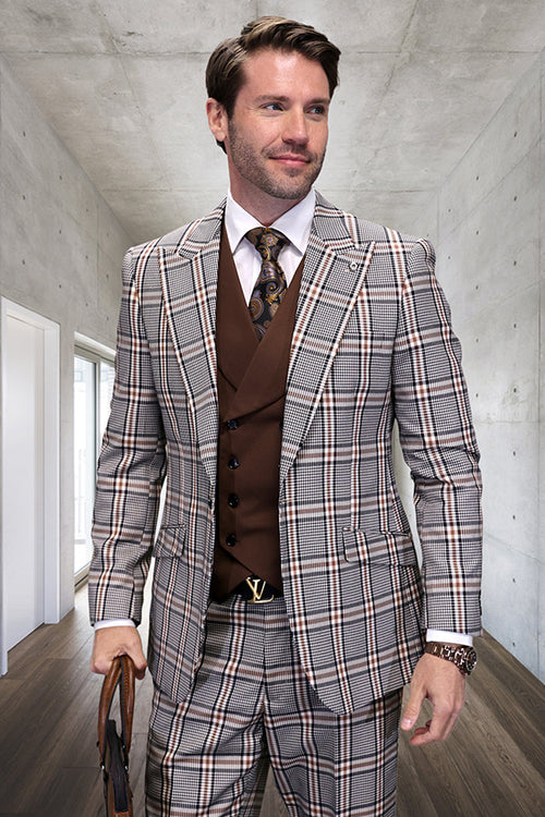 Men's Designer Vested Wide Peak Lapel Houndstooth Plaid Suit in Tan by Statement