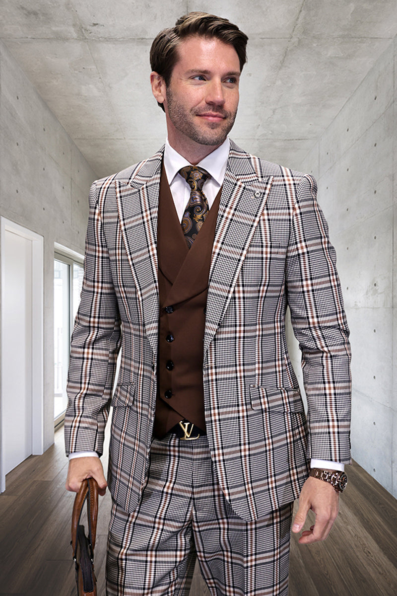 Men's Designer Vested Wide Peak Lapel Houndstooth Plaid Suit in Tan by Statement