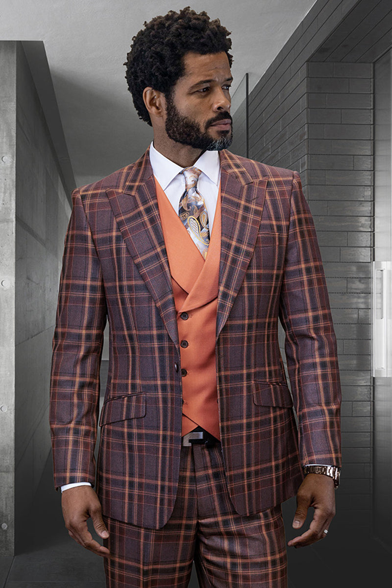 Men's Designer Wool Vested Suit in Copper Cognac Windowpane – SuitUSA
