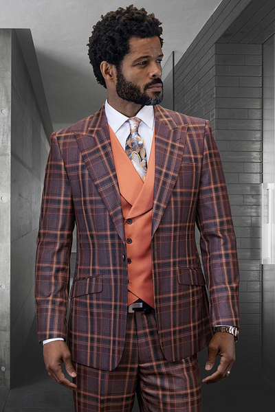Men's Designer Wool Vested Suit in Copper Cognac Windowpane