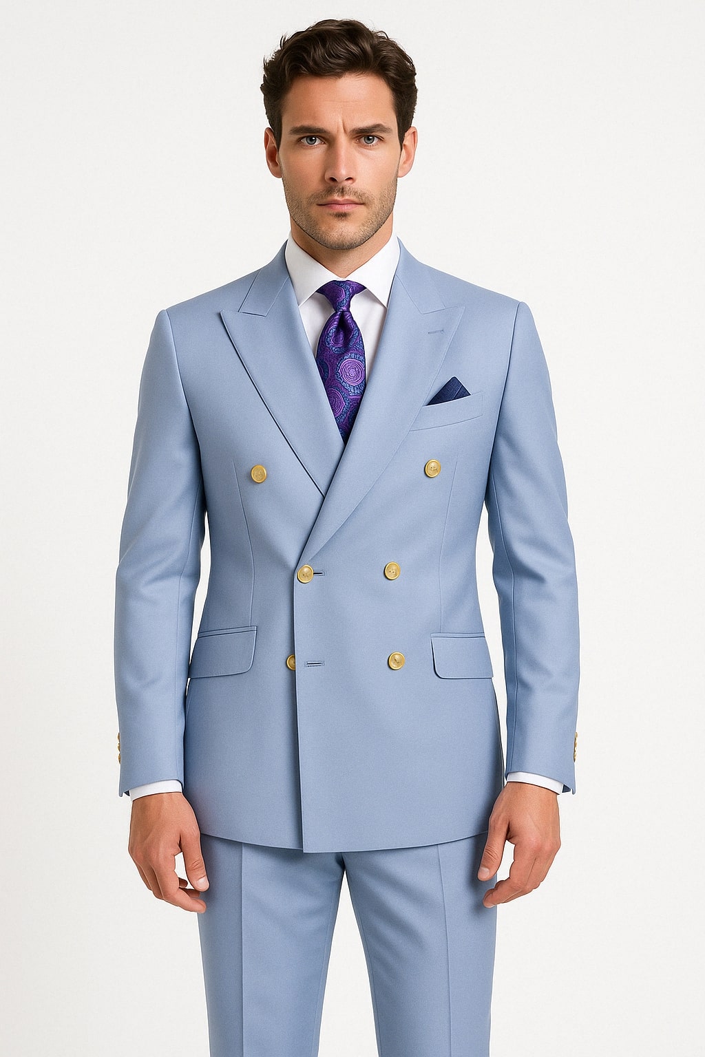 Mens Light Blue Double-Breasted Suit with Gold Buttons – Slim Fit 2-Piece Formal Set in Sky Blue Color