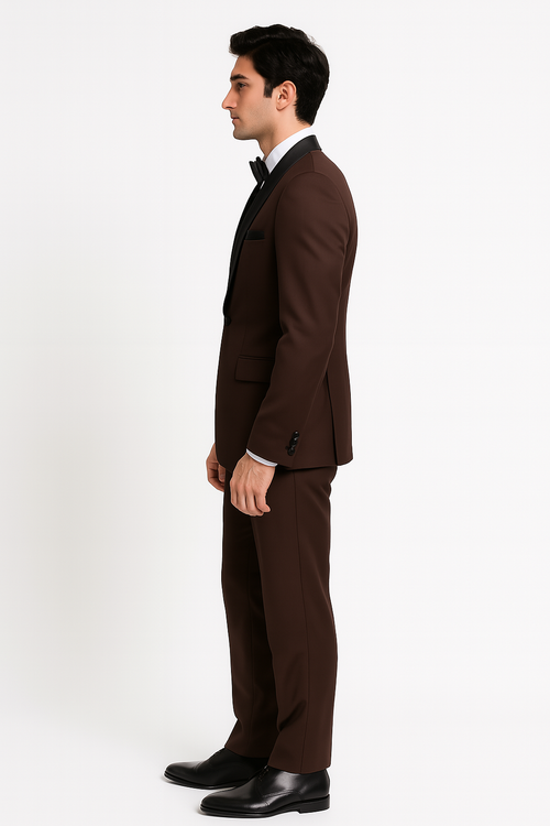 Mens Chocolate Brown Tuxedo with Black Satin Peak Lapel - Formal Wedding and Prom Suit by USA Men's Outlet
