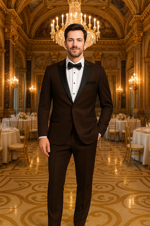 Mens Chocolate Brown Tuxedo with Black Satin Peak Lapel - Formal Wedding and Prom Suit by USA Men's Outlet