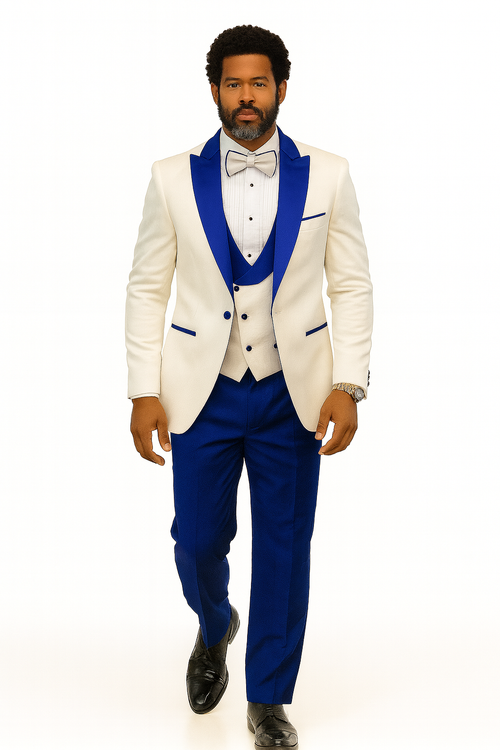 Hilton White and Royal Blue Paisley Peak Lapel Tuxedo Jacket with Matching Shawl Vest and Wool Pants - Includes Bow Tie by USA Men's Outlet