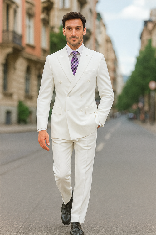 Mens Classic Double Breasted Poplin White Suit