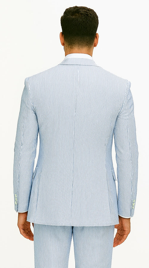 Fortino Landi Seersucker Summer Suit w/Vest - Blue 2-Btn