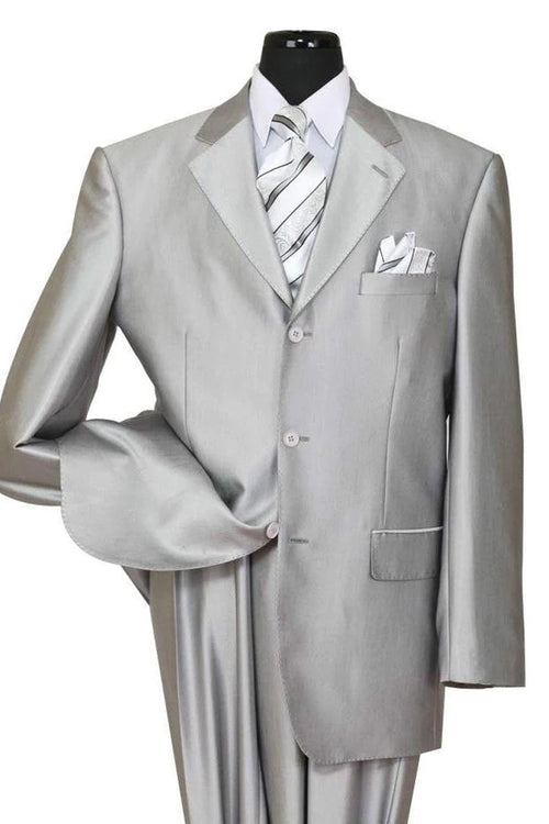 Mens Classic Fit 3 Button Shiny Sharkskin Suit in Silver Grey by Fortino Landiin