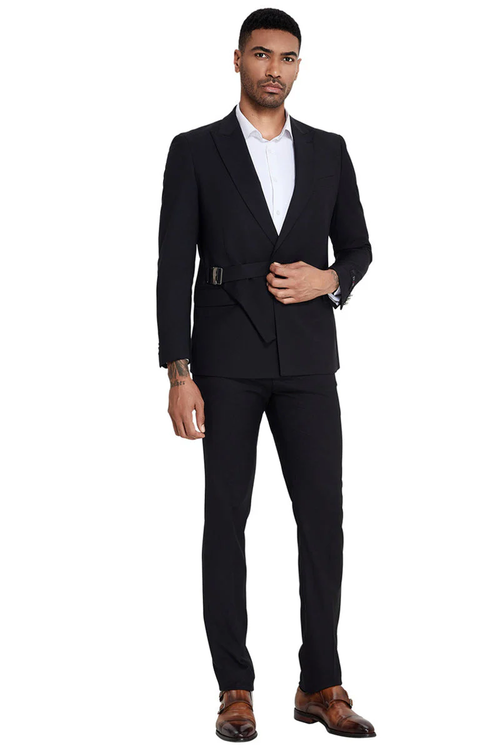 Mens French Front Peak Lapel Strapped Slim Fit Suit in Black