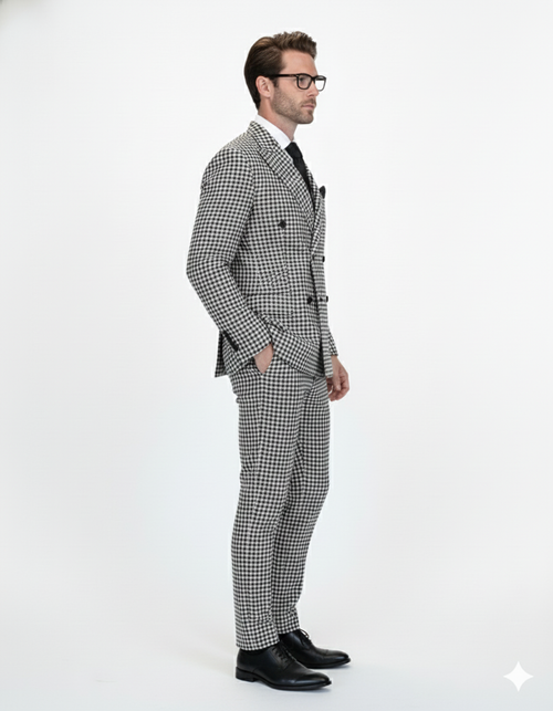 Double Breasted Suits - Vested Suits Wool Fabric - Black Houndstooth Suit by USA Men's Outlet