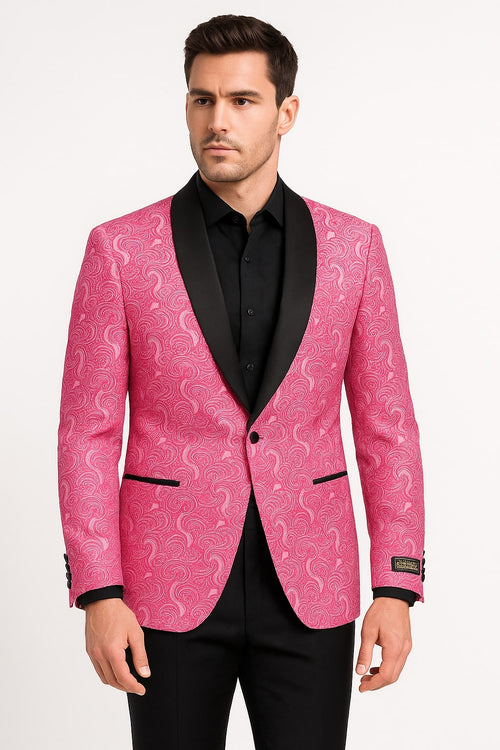 Men’s Hot Pink Tuxedo Suit With Black Pants Paisley Patter with Black Shawl Lapel - Fuchsia Color Prom Suit