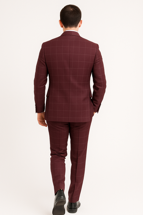 Naples Collection - Blue Modern Fit Double Breasted Windowpane Peak Lapel 2 Piece Suit by Vinci