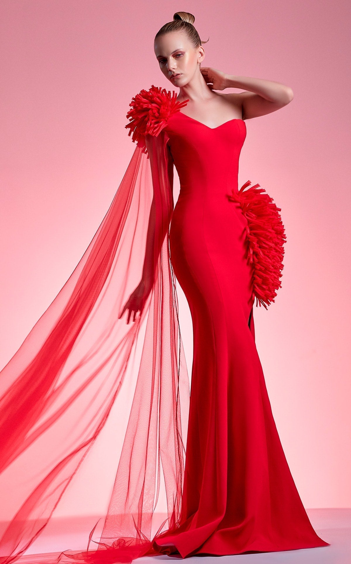 Gaby Charbachy G1211 Red One-Shoulder Ruched Evening Gown