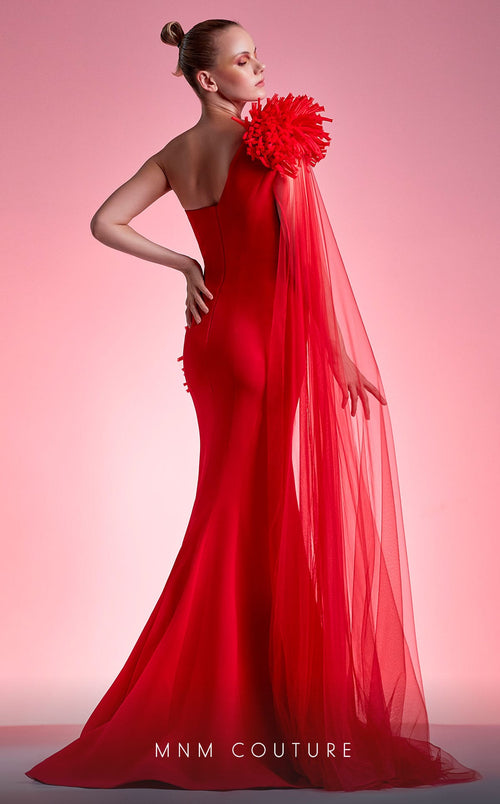 Gaby Charbachy G1211 Red One-Shoulder Ruched Evening Gown