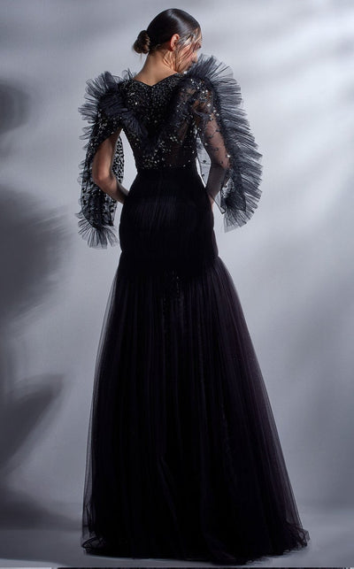 Gaby Charbachy G1275 High Neck Black Glitter A-Line Gown by MNM Couture