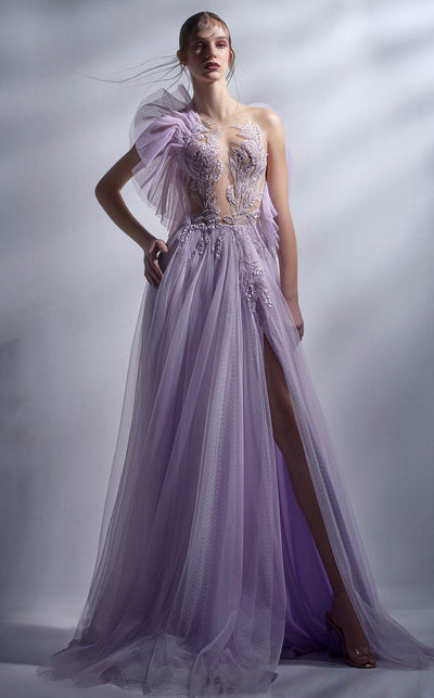 Gaby Charbachy G1284 Lilac Asymmetrical Glitter A-Line Gown by MNM Couture