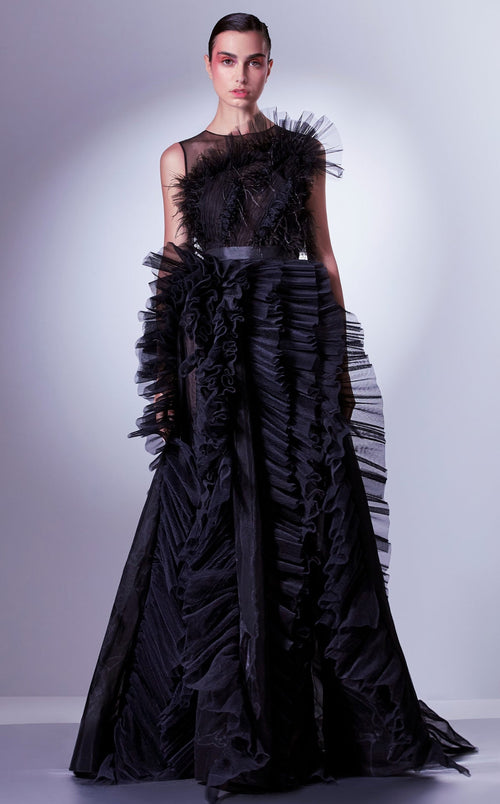 MNM Couture Gaby Charbachy G1305 Black Tulle A-Line Evening Gown
