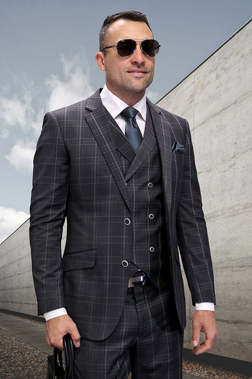 Men's Charcoal Grey Windowpane Wool Suit by Statement Suits