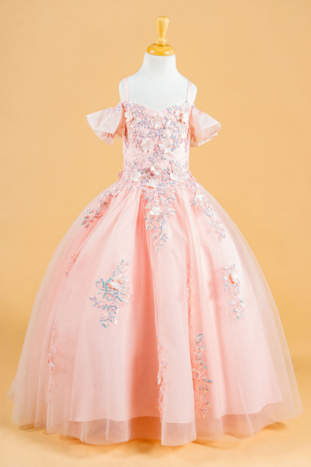 Cold Shoulder Ball Gown Tulle Flower Dress with Floral Appliqué by Elizabeth K GK120