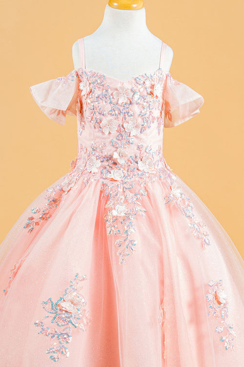 Cold Shoulder Ball Gown Tulle Flower Dress with Floral Appliqué by Elizabeth K GK120