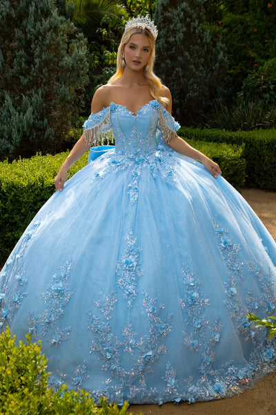 Off Shoulder Floral Appliqué Quinceañera Dress with Beaded Fringe Sleeves by Elizabeth K GL3525