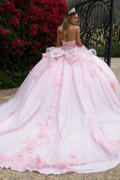 Strapless Quinceañera Ball Gown with Corset Back Butterfly Appliqué by Elizabeth K GL3549