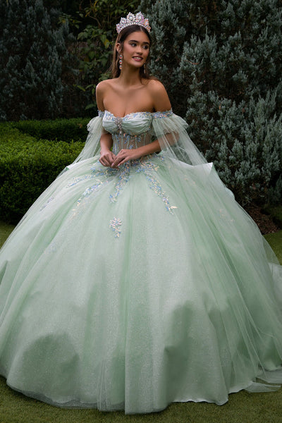 Off Shoulder Ball Gown Quinceañera Dress with Corset Bodice Glitter Tulle by Elizabeth K GL3550