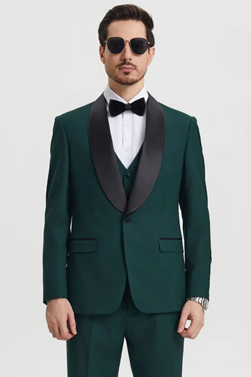Green Prom Tuxedo Suit -Green Wedding Suit - Men's Stacy Adams Vested One Button Shawl Lapel Designer Tuxedo PROMTUXEDO