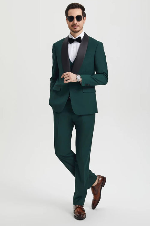 Green Prom Tuxedo Suit -Green Wedding Suit - Men's Stacy Adams Vested One Button Shawl Lapel Designer Tuxedo