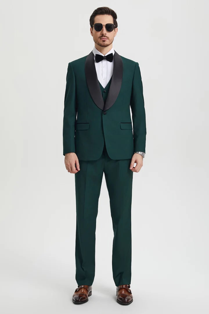Green Prom Tuxedo Suit -Green Wedding Suit - Men's Stacy Adams Vested One Button Shawl Lapel Designer Tuxedo