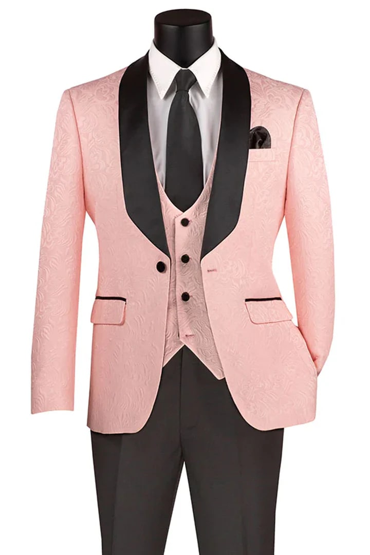 Pink Prom Tuxedo Suit - Pink Wedding Suit - Men's Slim Fit Vested Paisley Wedding Tuxedo