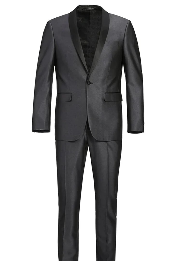Charcoal Prom Tuxedo Suit -Charcoal Wedding Suit - Mens Traditional Slim Fit Shawl Collar Tuxedo