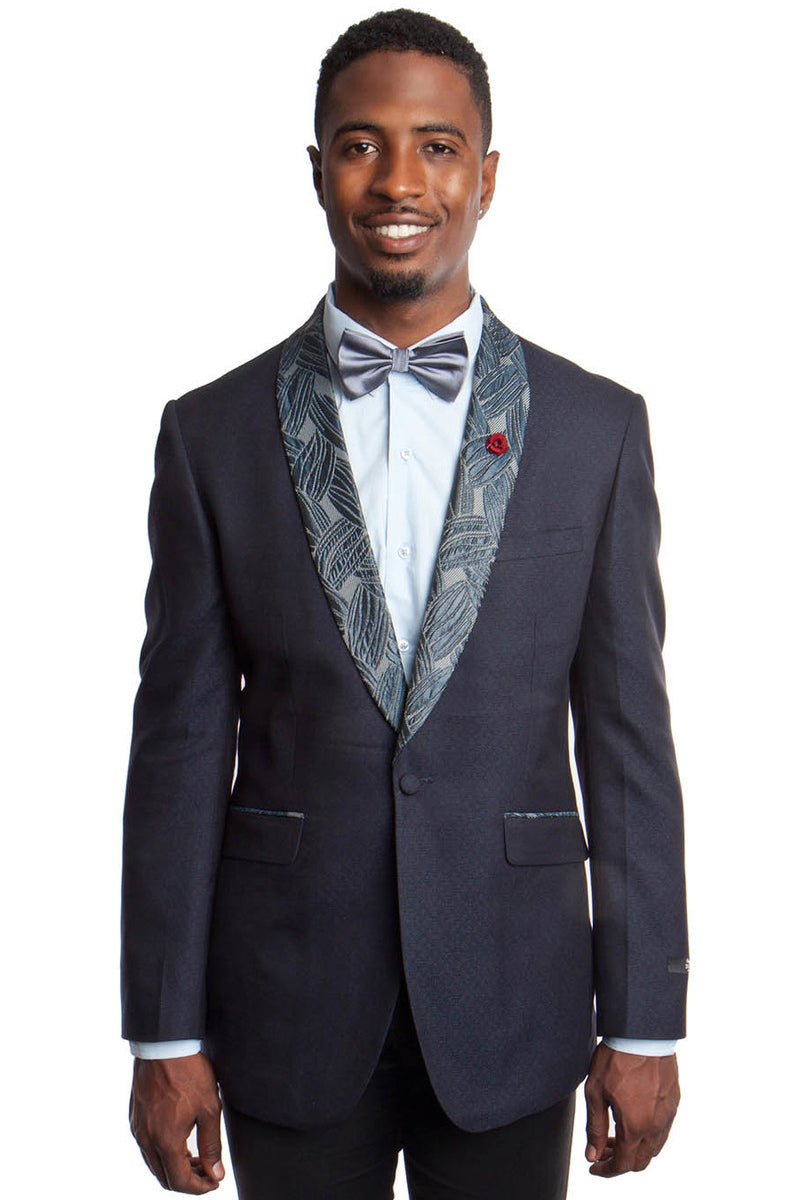 Men's Slim Fit Blue Dinner Jacket with Monochromatic Leaf Pattern