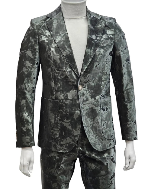 Mens 1 Button Slim Fit Faux Leather with Patch Pockets Green Suit