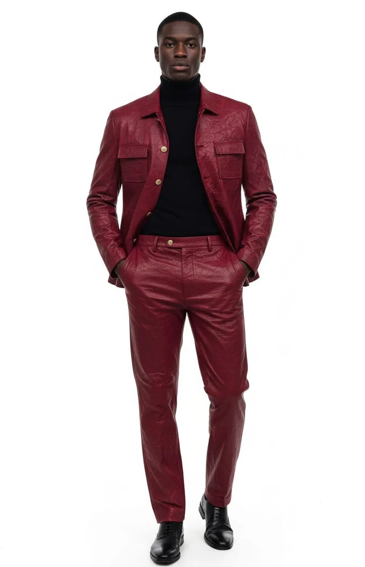Two Piece Slim Fit Faux Leather Casual Suit Burgundy – SuitUSA