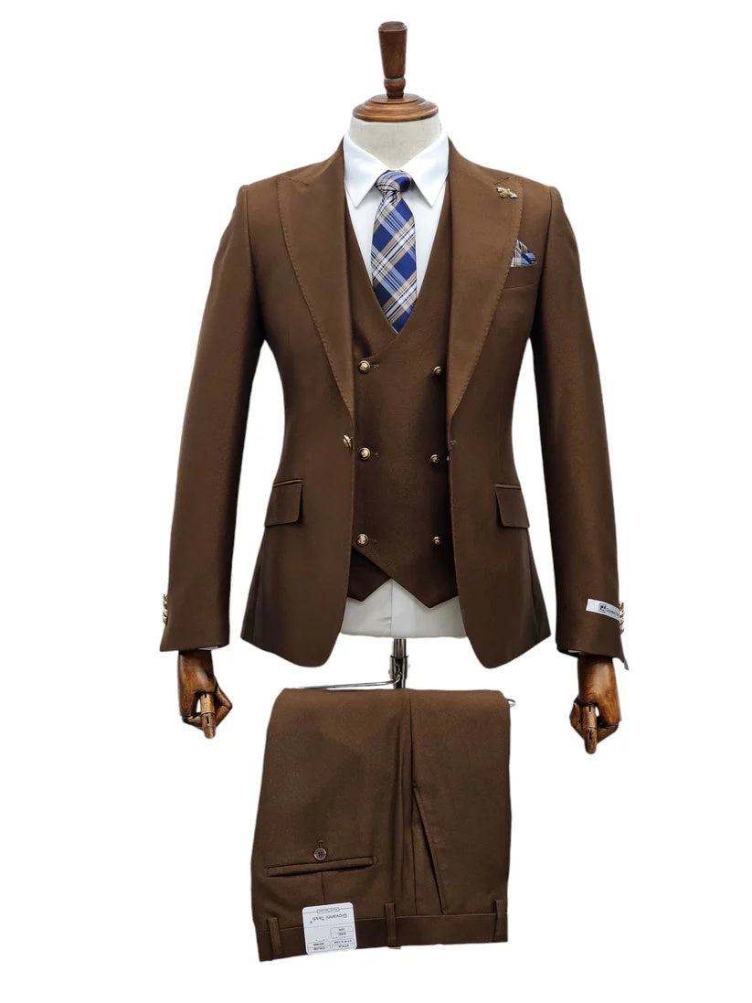 Mens Giovanni Testi Brown 3 Piece Slim Fit Suit – Peak Lapel, Double Breasted Vest, Center Vent Blazer – SuitUSA