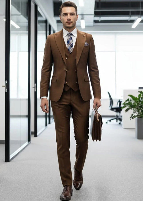 Mens Giovanni Testi Brown 3 Piece Slim Fit Suit – Peak Lapel, Double Breasted Vest, Center Vent Blazer
