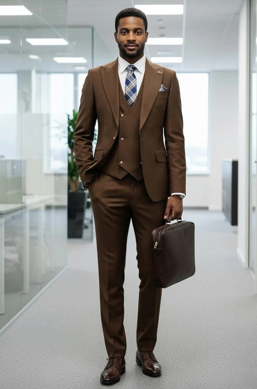 Mens Giovanni Testi Brown 3 Piece Slim Fit Suit – Peak Lapel, Double Breasted Vest, Center Vent Blazer