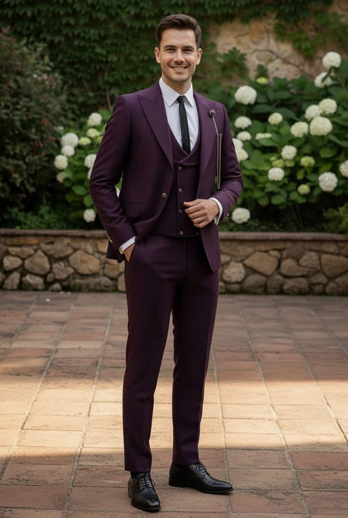 Mens Giovanni Testi Eggplant 3 Piece Suit β Slim Fit 1 Button Peak Lapel Formal Tuxedo Suit
