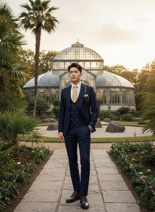Giovanni Testi Navy Blue 3 Piece Suit β Slim Fit 1 Button Peak Lapel with Double Breasted Vest