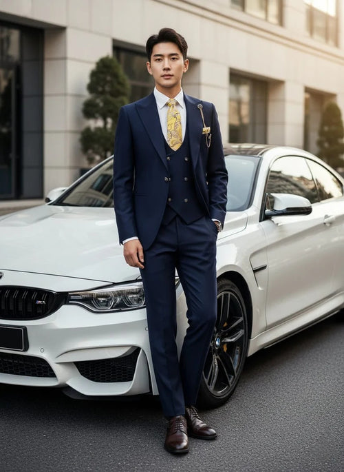 Giovanni Testi Navy Blue 3 Piece Suit β Slim Fit 1 Button Peak Lapel with Double Breasted Vest