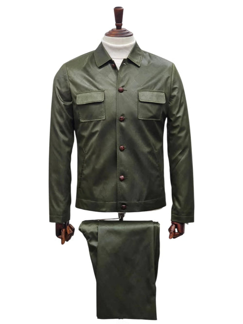 Mens Two Piece Slim Fit Faux Leather Casual Suit Olive by USA Men's Outlet