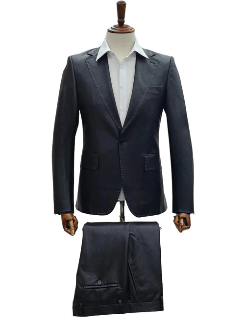 Mens 1 Button Slim Fit Leather Suit Black