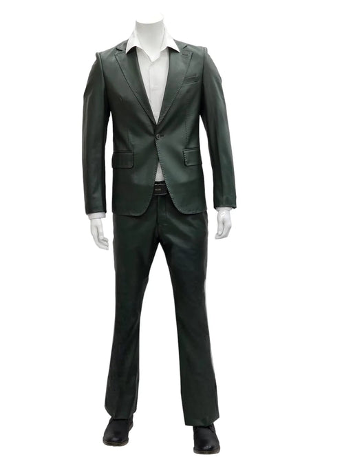 Mens 1 Button Slim Fit Leather Suit Olive